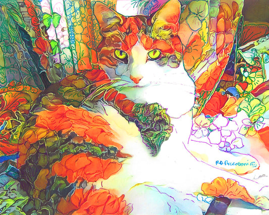Flower Cat - Floral Portrait - Painting by RD Riccoboni