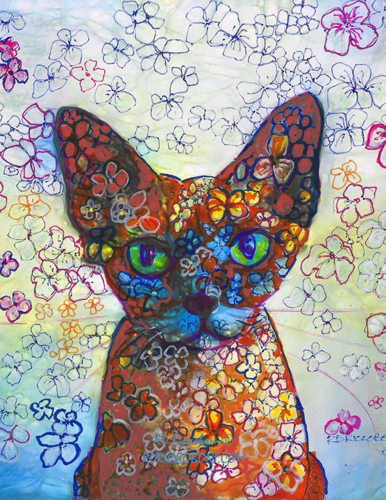 Pumpkin Spice Flower Cat - Floral Portrait - Painting by RD Riccoboni