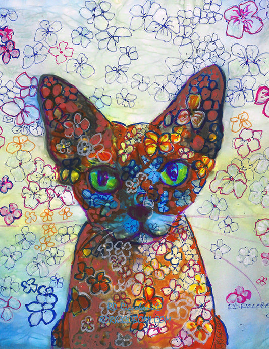 Pumpkin Spice Flower Cat - Floral Portrait - Painting by RD Riccoboni